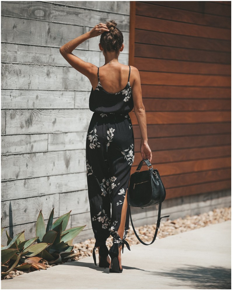 Sexy Backless Print Tied Spaghetti-Strap Cotton One-Piece Slit Pants Jumpsuit - Jumpsuits & Rompers - Uniqistic.com