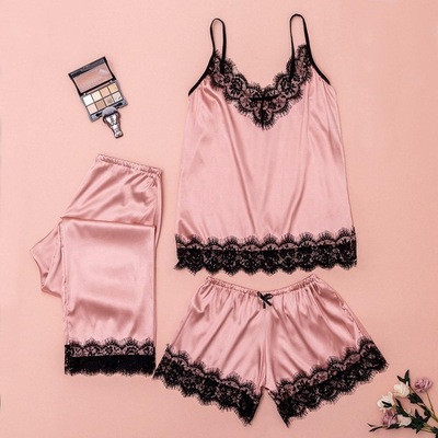 Source factory customizes the production of European and American lace foreign trade cross-border sexy pajamas three-piece suit simulation silk home service
