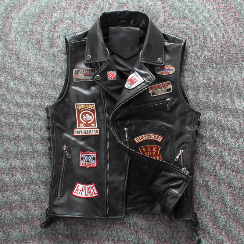 Spring New Leather Vest Top Layer Cowhide Embroidered Multi-Standard Harley Motorcycle Riding Vest Jacket Tide Spring New Leather Vest Top Layer Cowhide Embroidered Multi-Standard Harley Motorcycle Riding Vest Jacket Tide