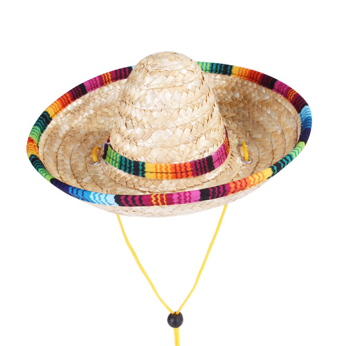 Amazon Foreign Trade Pet Braided Straw Hat Western Mexican Style Hat Spring and Summer Sun Shade Adjustable Hat