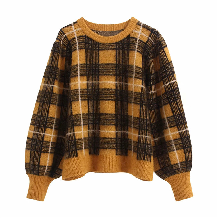 loose contrast color plaid sweater NSLD18427