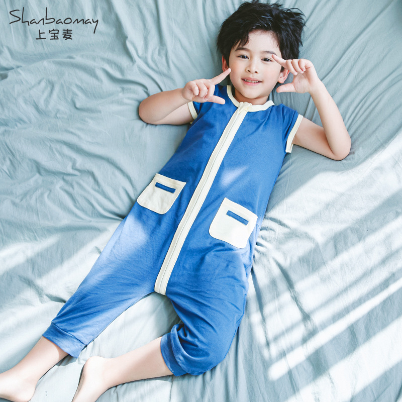 SHANGBAOMAI 여름 어린이 원피스 잠옷, 소년 잠옷, 반팔 에어컨 의류, 방한 소년 가정 의류 지퍼