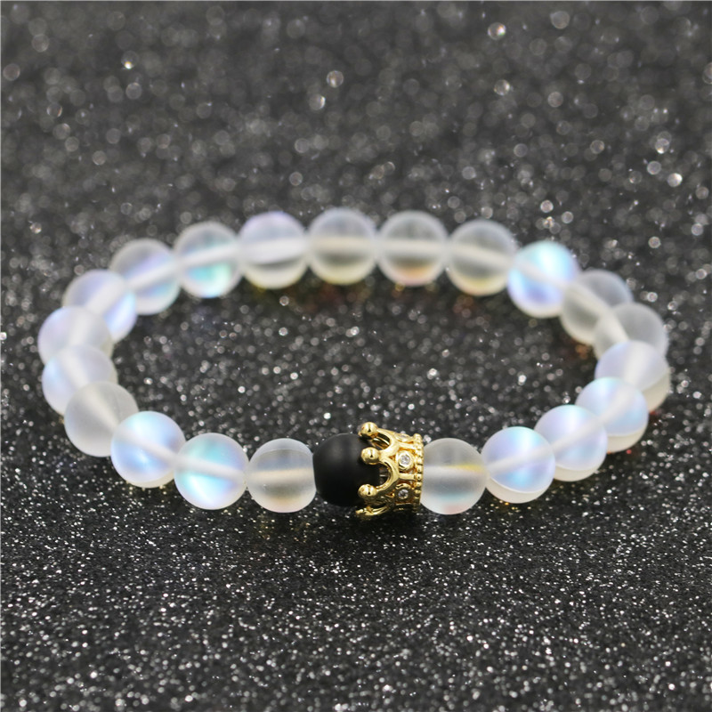 Hot Sale 8mm Matte Black Stone Moonstone White Turquoise Crown Couple Beaded Bracelet display picture 6