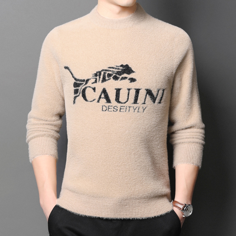 Leopard Faux Mink Cashmere Round Neck Sweater for Young and Middle-Aged Men, Thickened and Warm Knitwear, Available for Wholesale