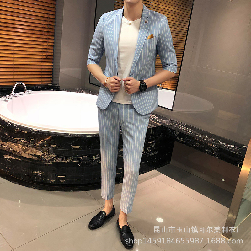 Summer Mid-Sleeve Small Suit Men's Slim-Fit Korean-Style Suit Set Pants Men's Casual Thin Cropped Sleeve Jacket Summer Mid-Sleeve Small Suit Men's Slim-Fit Korean-Style Suit Set Pants Men's Casual Thin Cropped Sleeve Jacket