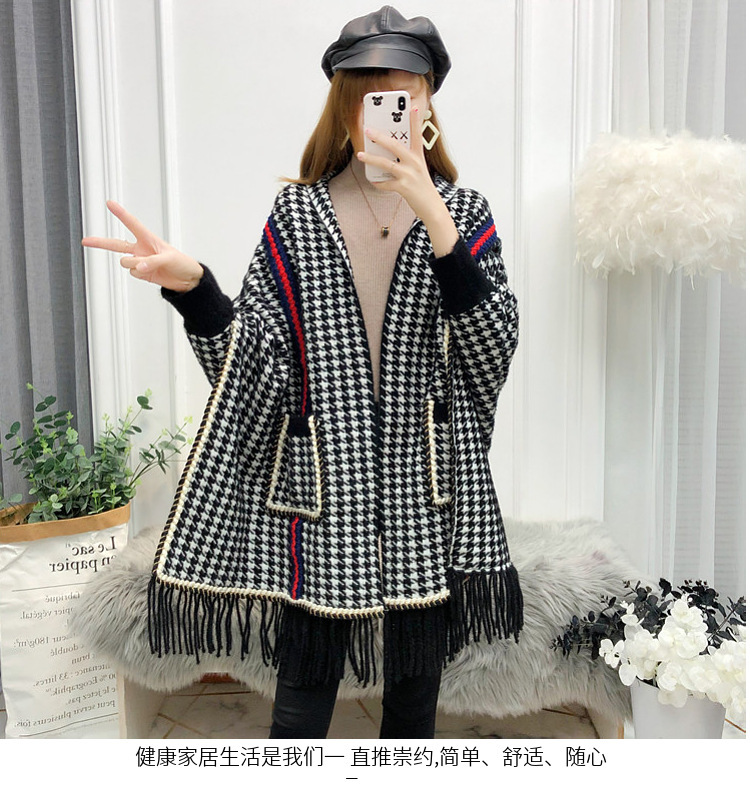 千鸟格貂绒带袖披肩