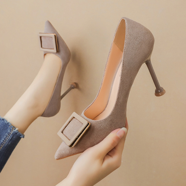 Fashion pointed shallow suede square button high heels sexy women’s shoes