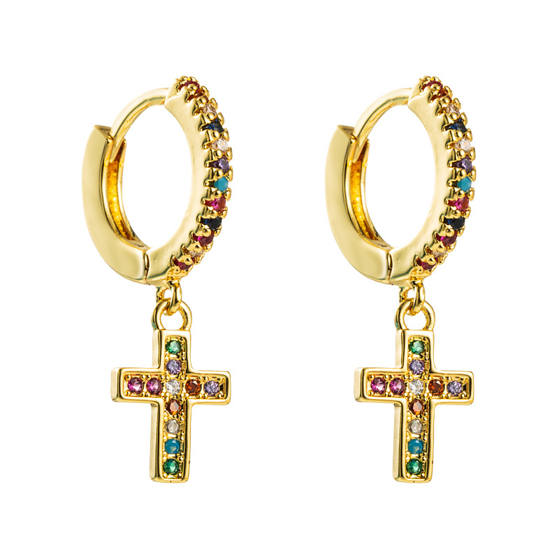 New Personality Cross Earrings  Gold Plated With Color Zircon  Earrings Wholesale display picture 6