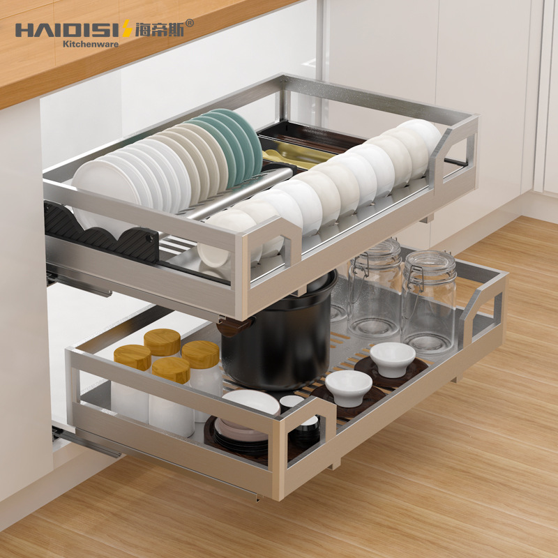 海帝斯 食品级sus304不锈钢厨房橱柜拉篮 多功能抽屉阻尼轨道拉篮|ru