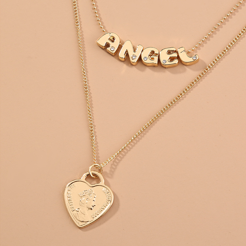 fashion letters multilayer simple retro heartshaped pendant alloy necklacepicture2