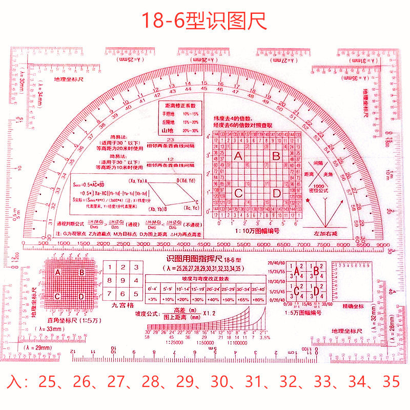 18-6型識圖用圖尺多功能識圖尺圖上量算尺地形學尺地理坐標25-35