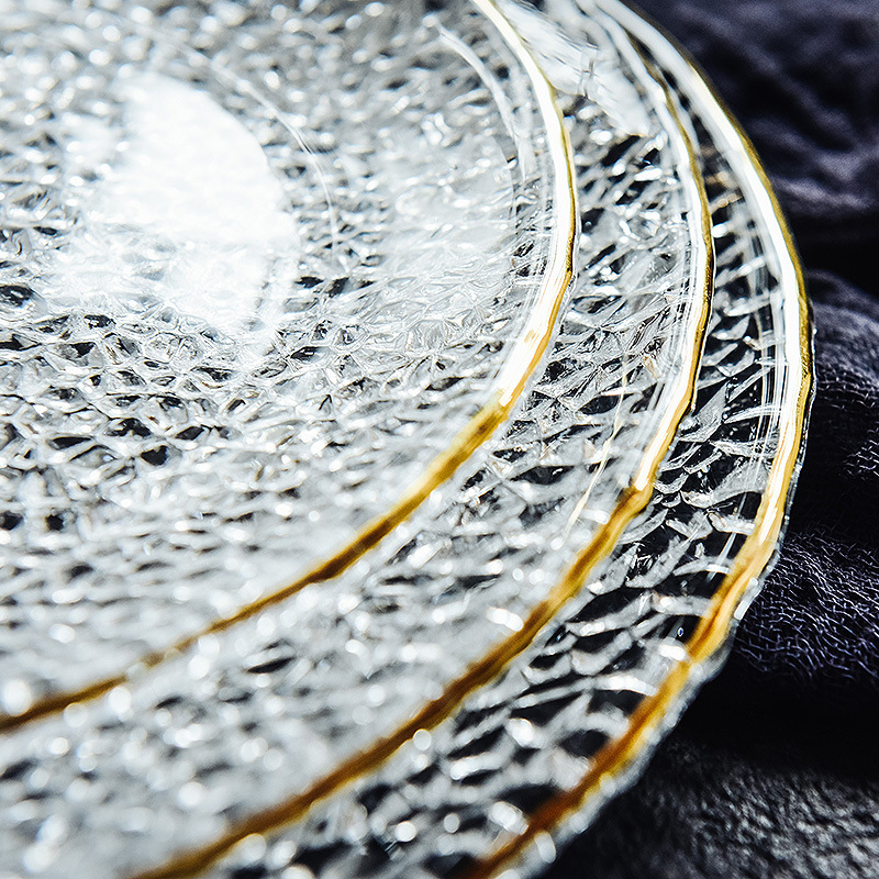 浮雕餐具描金玻璃盘子客厅水果盘家用点心餐盘创意凉菜盘沙拉平盘