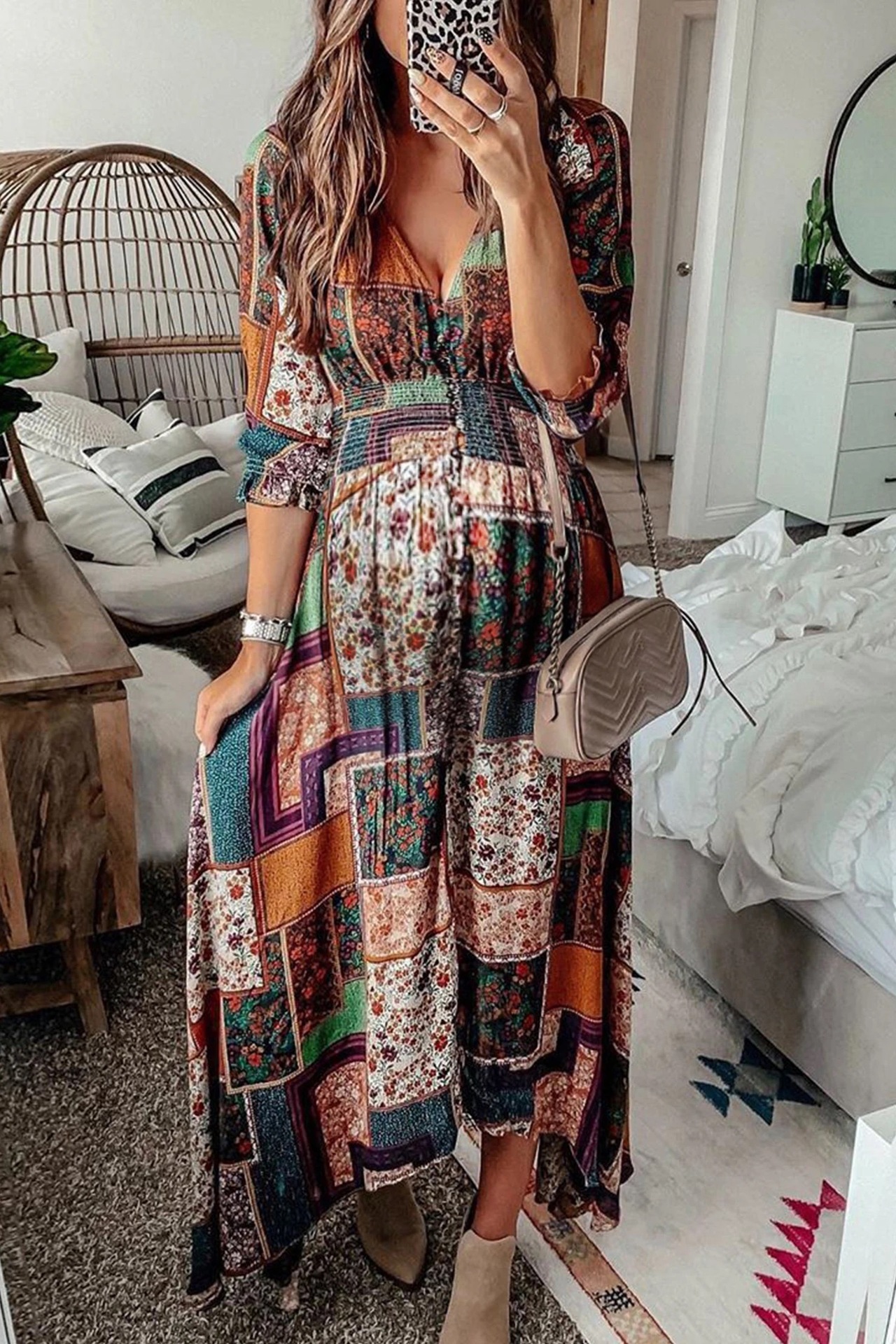 Spring and Summer 2020 New Women's Cross-border European and American Bohemian Amazon Cross-border New V-neck Printed Pregnant Women's Dress