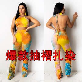 跨境CY1233亚马逊ebay速卖通欧美女装扎染抽褶裤腿背心两件套
