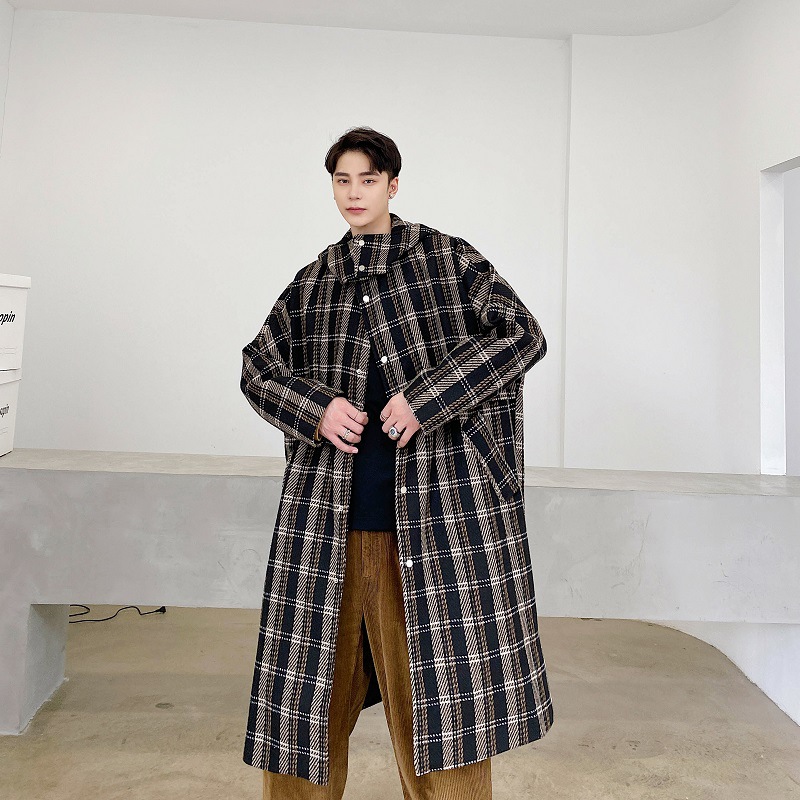 韩国大衣毛呢型男气质格纹防风廓形外套长款过膝复古韩版呢大衣潮