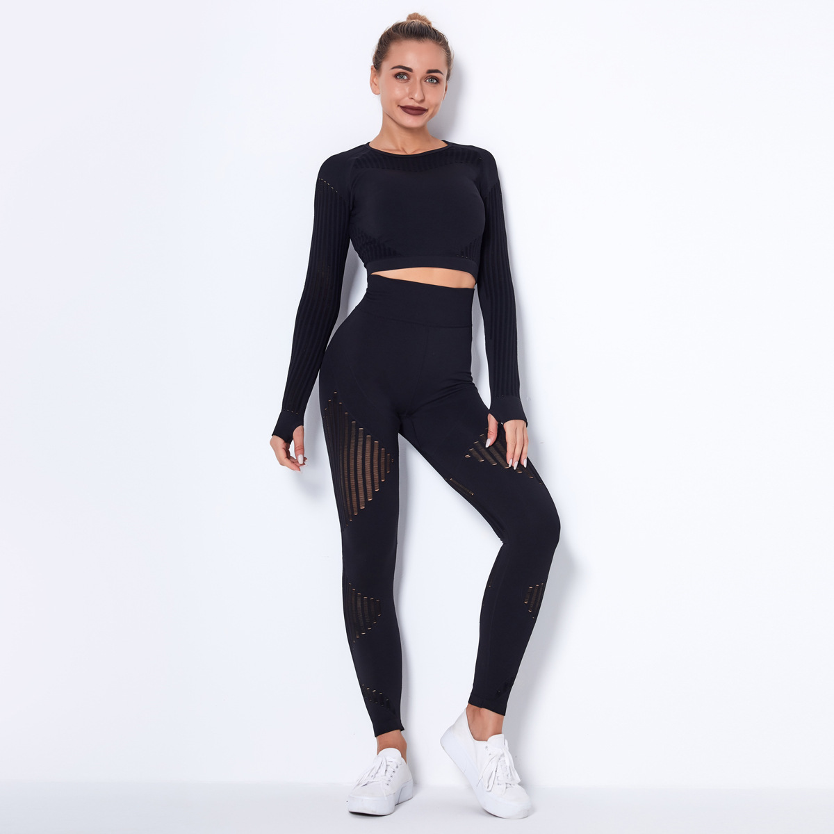 Seamless Mesh Quick-Drying Long Sleeve Striped Yoga Suit NSNS10714