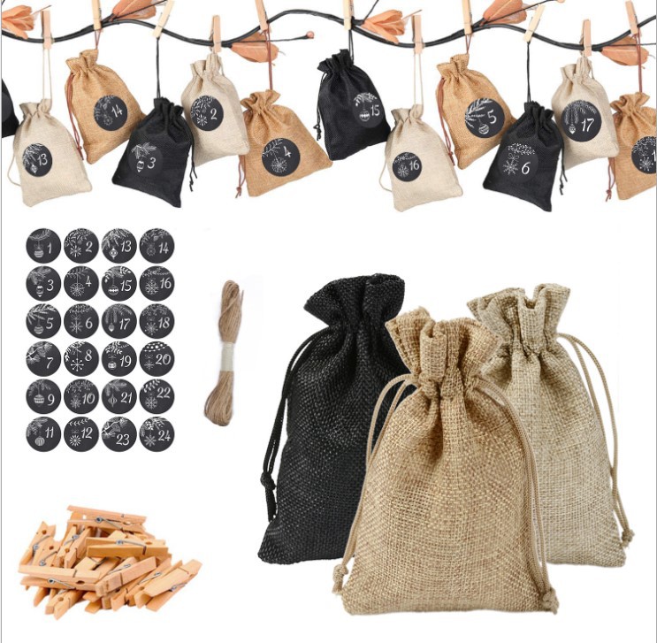 3色圣诞麻布礼品抽绳束口袋 24个贴纸套装倒计时降临日麻布袋套装