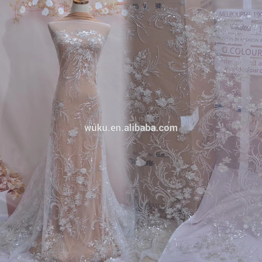 戊酷 高品质经典婚纱礼服蕾丝面料 3D花卉钉珠亮片蕾丝面料 BD-10