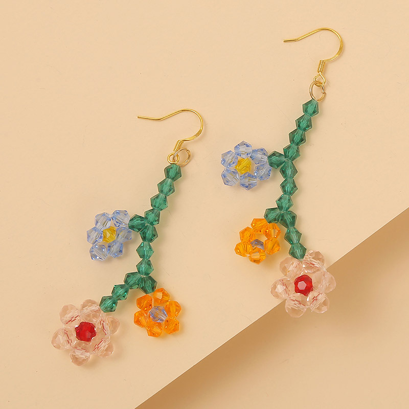 Korean Cute Hand-woven Crystal Flower Earrings Long Temperament Earring Jewelry Wholesale Nihaojewelry display picture 4