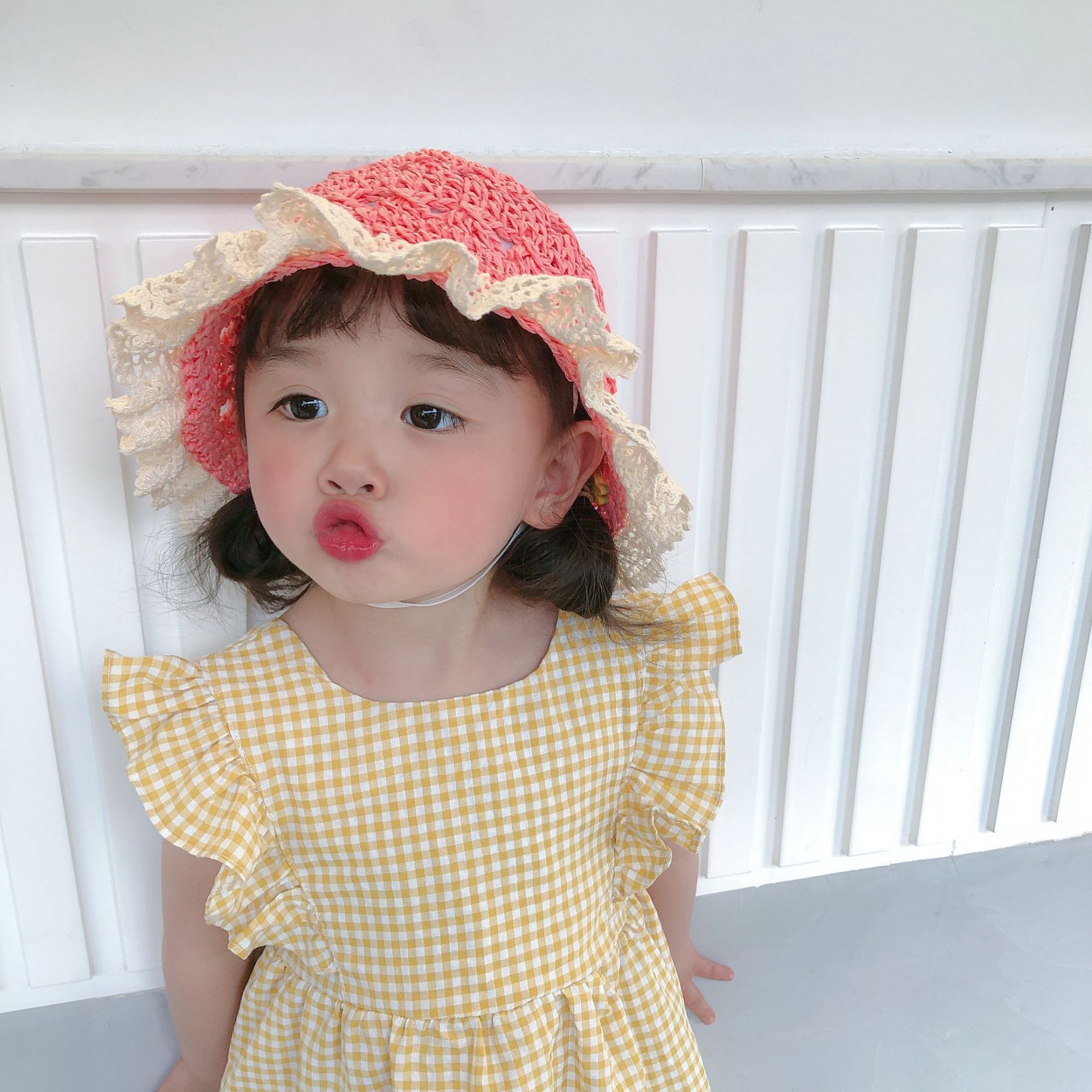 Lace Edge Dome Hand Hook Straw Hat Baby Windproof Belt Foldable Sun Hat Children Outdoor Straw Sun Hat Nihaojewelry Wholesale display picture 12