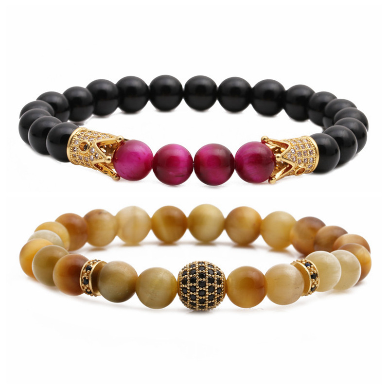 new bracelet tigeru0027s eye frosted stone crown diamond ball beaded bracelet set wholesale nihaojew
