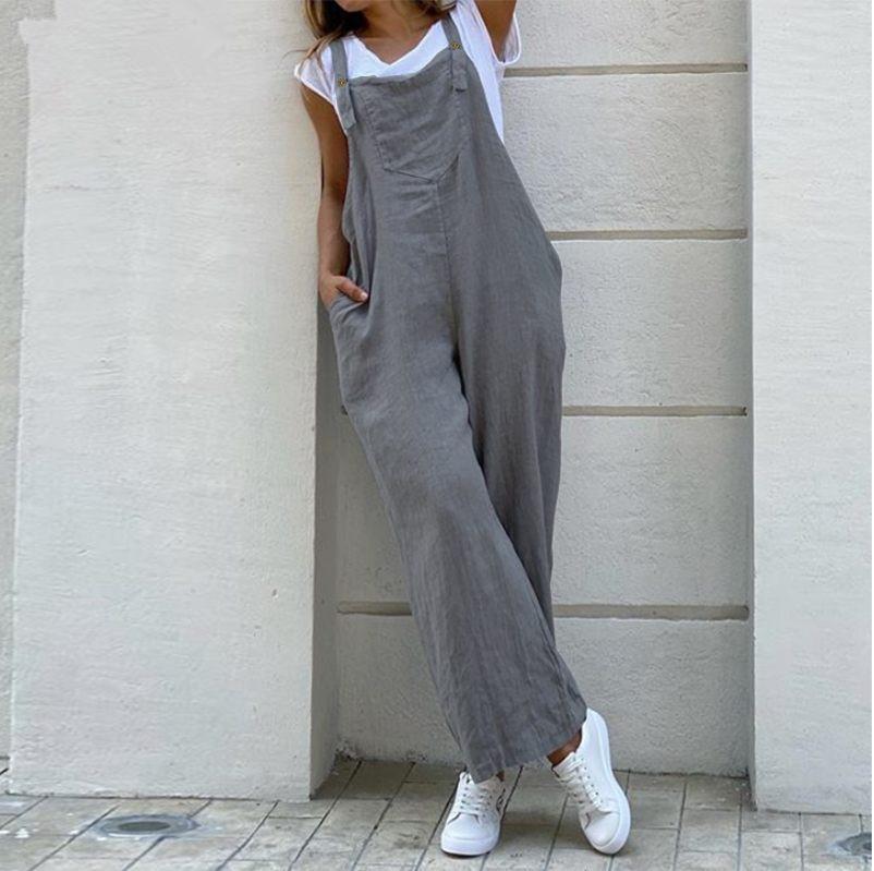 Sommer-Overall aus Baumwollleinen für Damen, modisch, ärmellos, weites Bein, Latzhose, einfarbig, langer Strampler, lässig, bequem, lässig, Playsuit_voghion.com