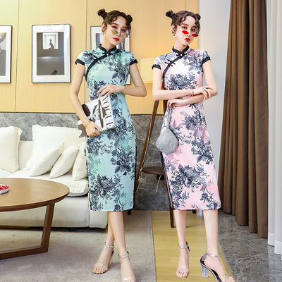 Printed Cheongsam chinese dresses for women mid-length fashion Chinese style dress Slim printed cheongsam