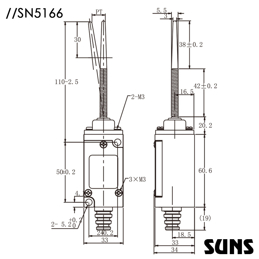 SUNS美国三实金属壳体行程开关SN5166限位开关尺寸图