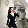 Low chest slim fit slit Ruffle hem hip skirt bottom skirt long sleeve dress