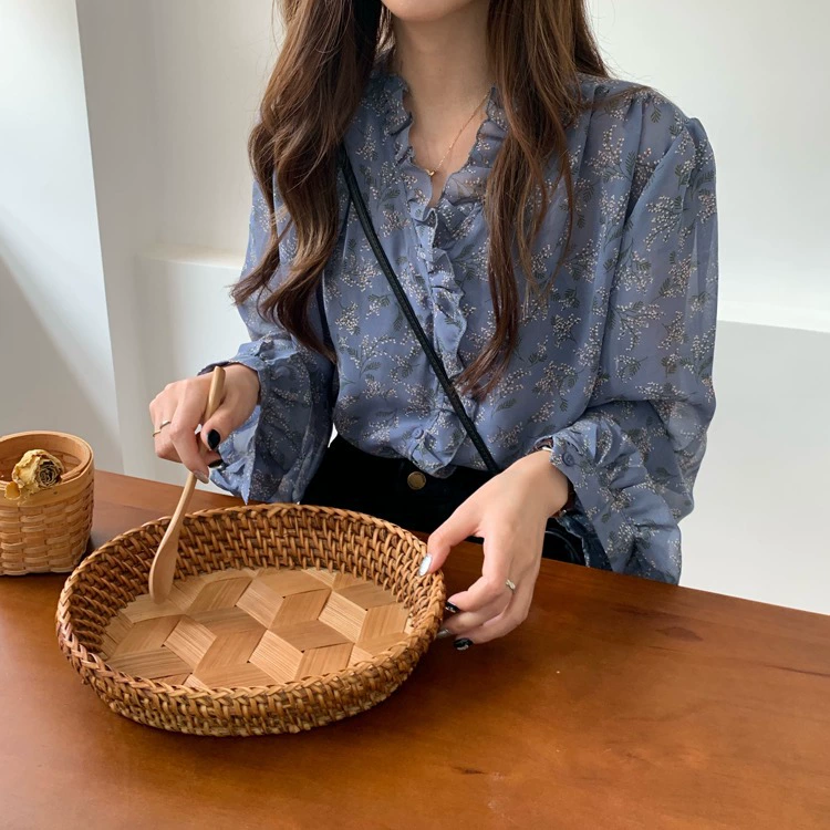 2023 Новая стильная маленькая рубашка в Корейском стиле, нежная шифоновая рубашка в западном стиле с цветочным принтом, Женская Базовая рубашка с длинным рукавом, топ с пышными рукавами