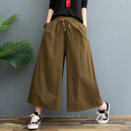 Women's Summer Thin Cotton Linen Wide Leg Pants  New Large Size Casual Linen Hemmed Pants