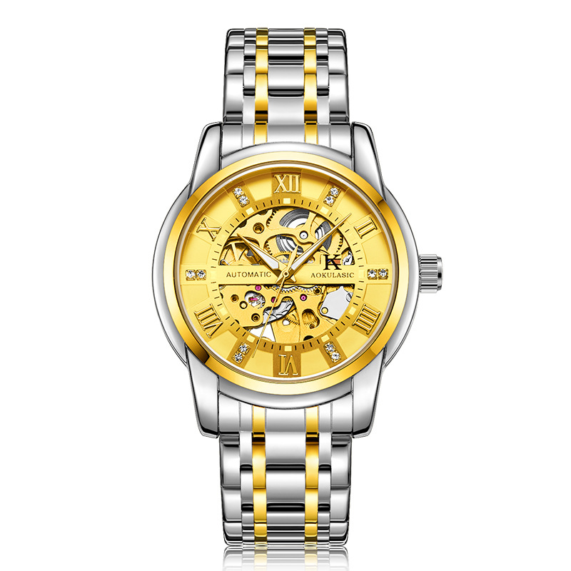 Ogulas AOKULASIC hombres correa de acero reloj mecánico automático hueco volante negocio reloj 5066