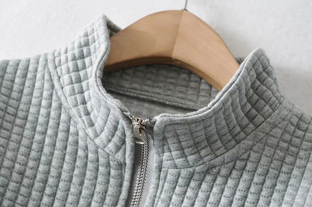 fashion loose plaid zipper pocket stand collar sweatershirt NSAC15704