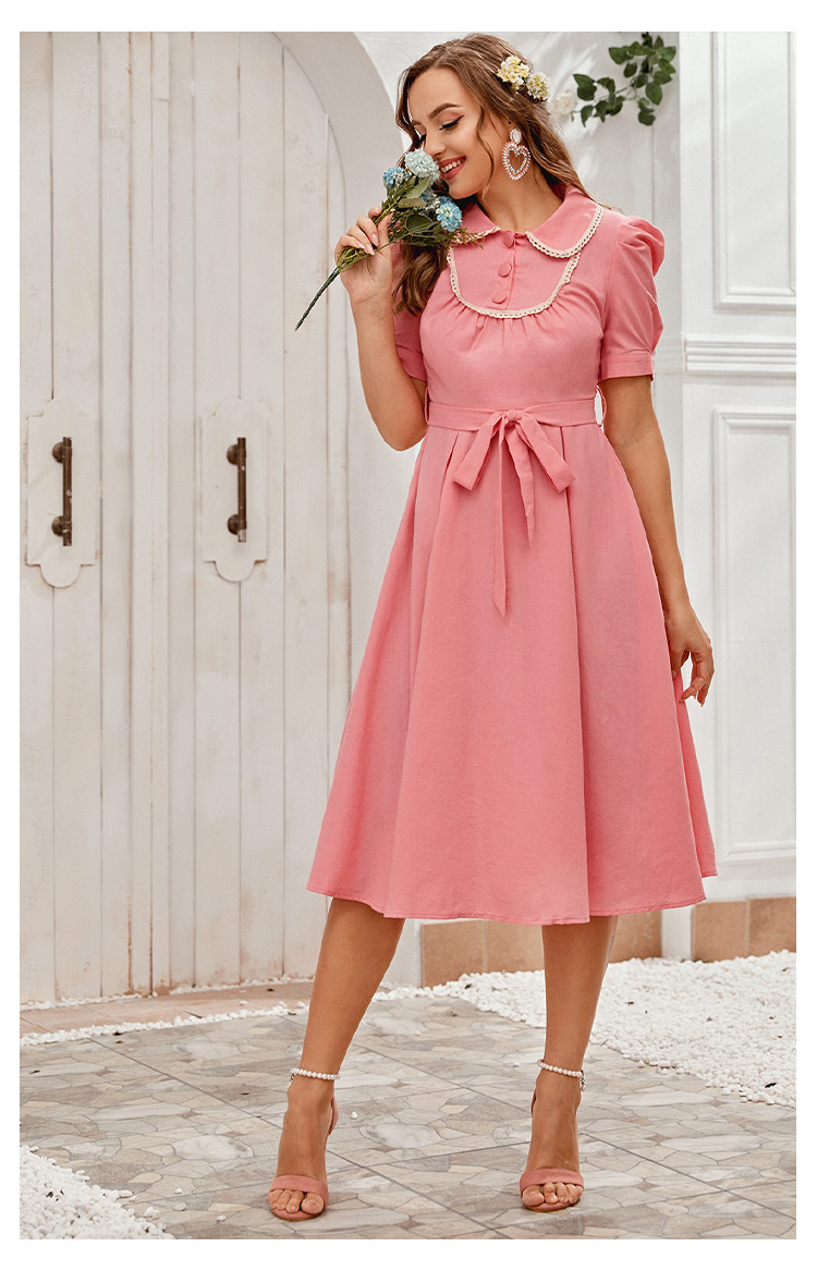 doll collar mid-length high waist solid color dress NSXS36226