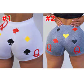 D9307亚马逊热卖欧美女装 性感女士紧身短裤扑克印花短裤瑜伽裤