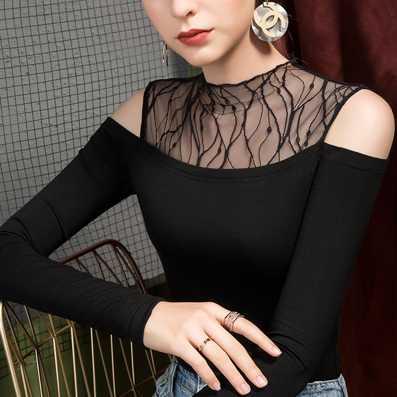 Autumn half turtleneck lace stitching modal bottoming shirt Women's slim-fit sexy long-sleeved T-shirt off-shoulder small shirt Autumn half turtleneck lace stitching modal bottoming shirt Women's slim-fit sexy long-sleeved T-shirt off-shoulder small shirt