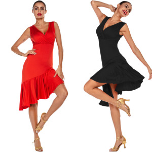 Red v neck latin dance dresses women salsa chacha Dance practice clothes Latin dance clothes