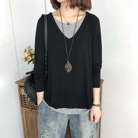 假两件拼接长袖T恤秋新款韩版宽松显瘦百搭纯棉外穿打底衫上衣潮