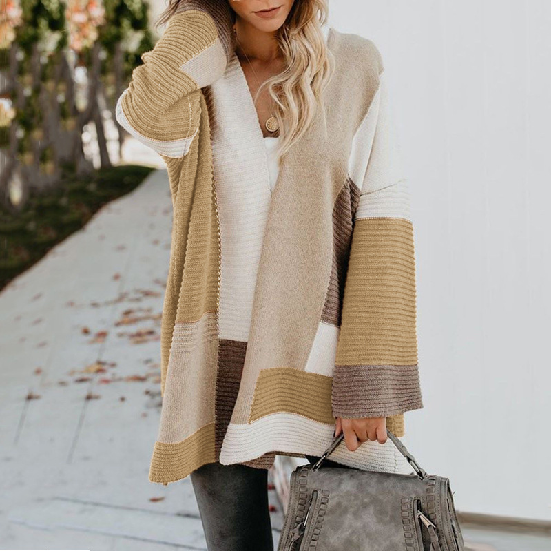 autumn and winter new sweater plus size loose geometric color matching sweater cardigan NSYF848