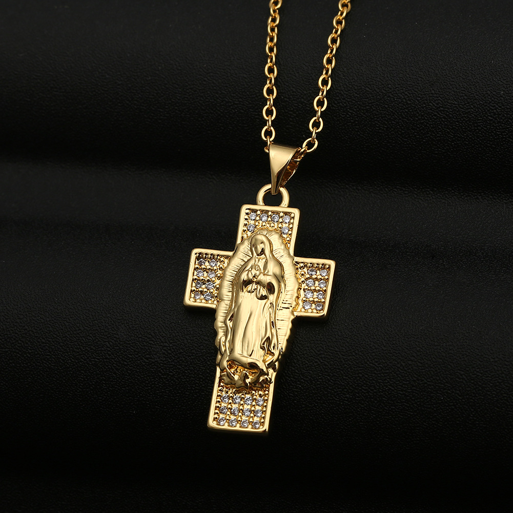 Virgin Mary Cross Pendant Copper Zircon Necklace display picture 2