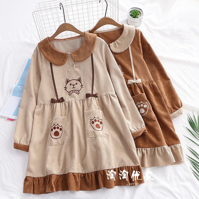 日系娃娃领刺绣图案灯芯绒双口袋连衣裙少女长袖裙子