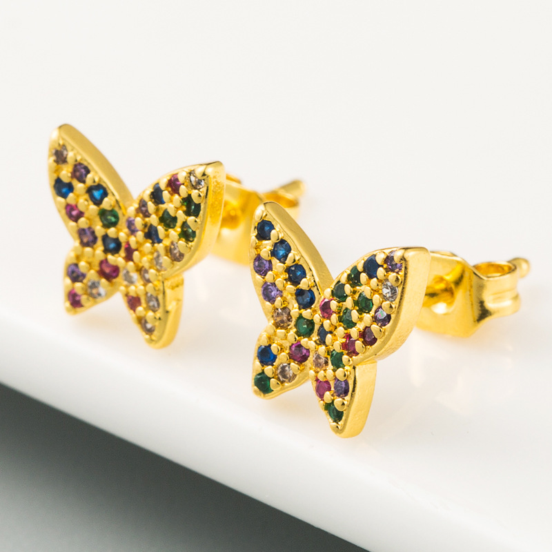 Grenz Überschreitende Neue Kreative Temperament Schmetterlings Ohrringe Damen Mikro Eingelegte Farbe Zirkon Messing Vergoldete Kleine Frische Ohrringe display picture 4