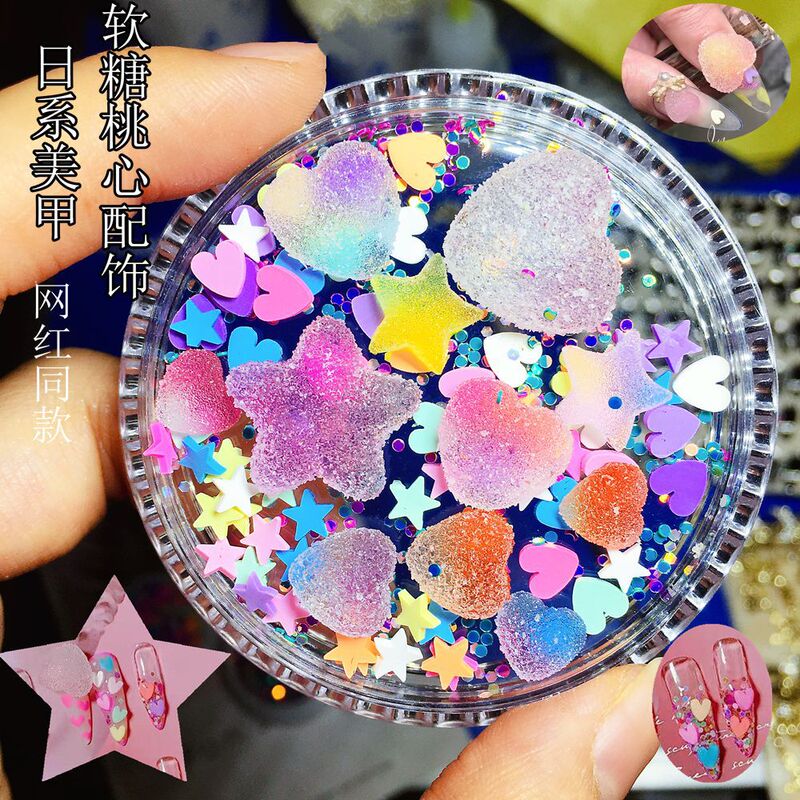 Japanese Nail Art Boxed Sequins Fudge Peach Heart Five-pointed Star Soft Pottery Candy Color Peach Heart Star Nail Art Accessories