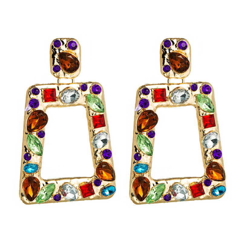 Exaggerated Hollow Geometric Square Earrings Alloy Inlaid Color Rhinestones Exaggerated Earrings Wholesale Nihaojewelry display picture 8