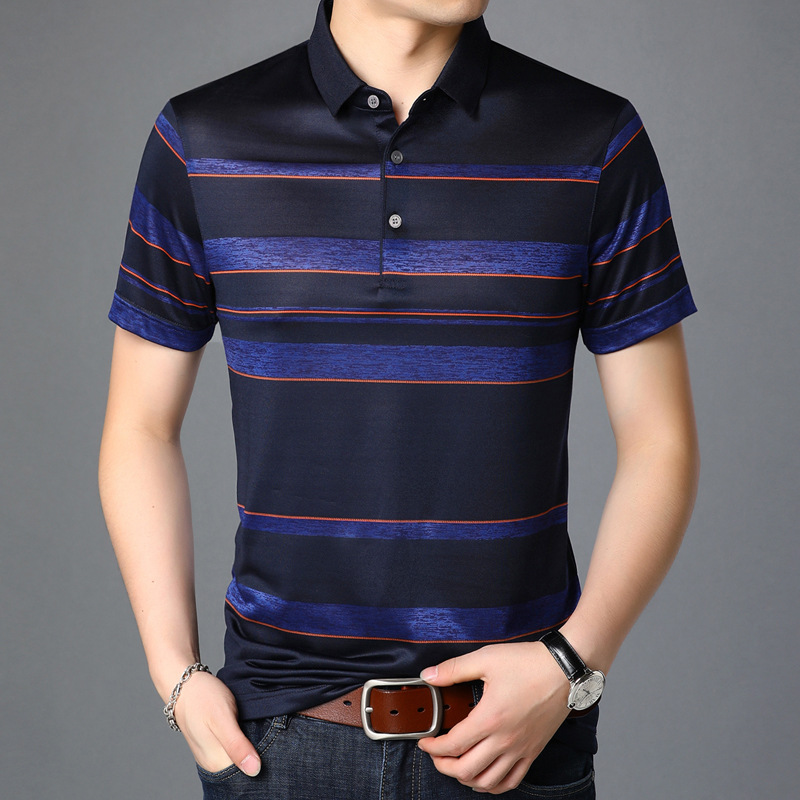 2020夏季新款男式短袖T恤中年男士商务翻领条纹拼色POLO衫男