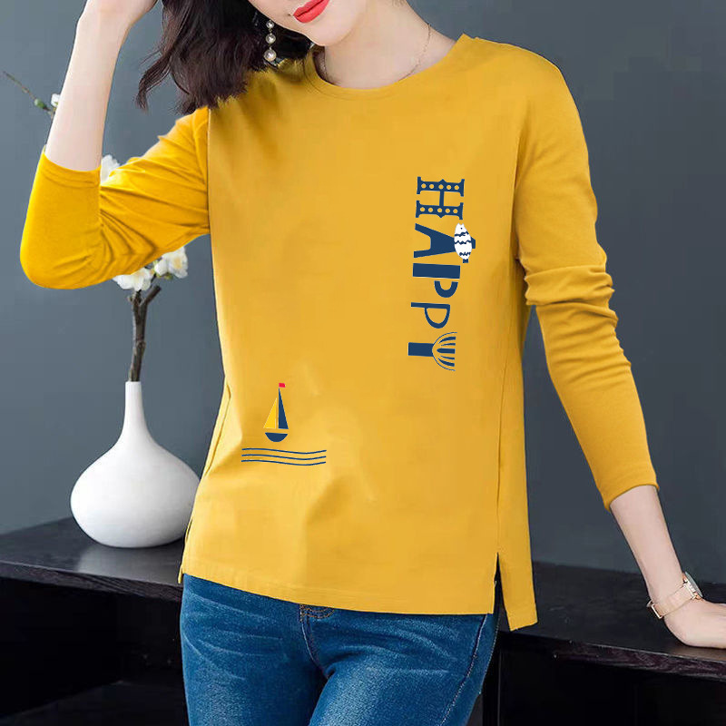 [100 Cotton] Spring Korean Printed Cotton Women's T-Shirt Cotton Split Base Shirt Round Neck Long Sleeve Slim Top