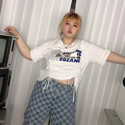 新款夏胖mm港味印花抽绳露脐百搭大码短袖T恤宽松上衣女显瘦潮|ru