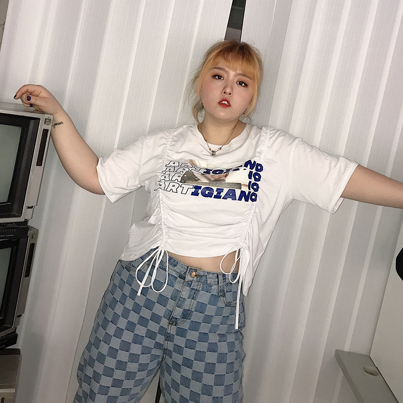 新款夏胖mm港味印花抽绳露脐百搭大码短袖T恤宽松上衣女显瘦潮|ru