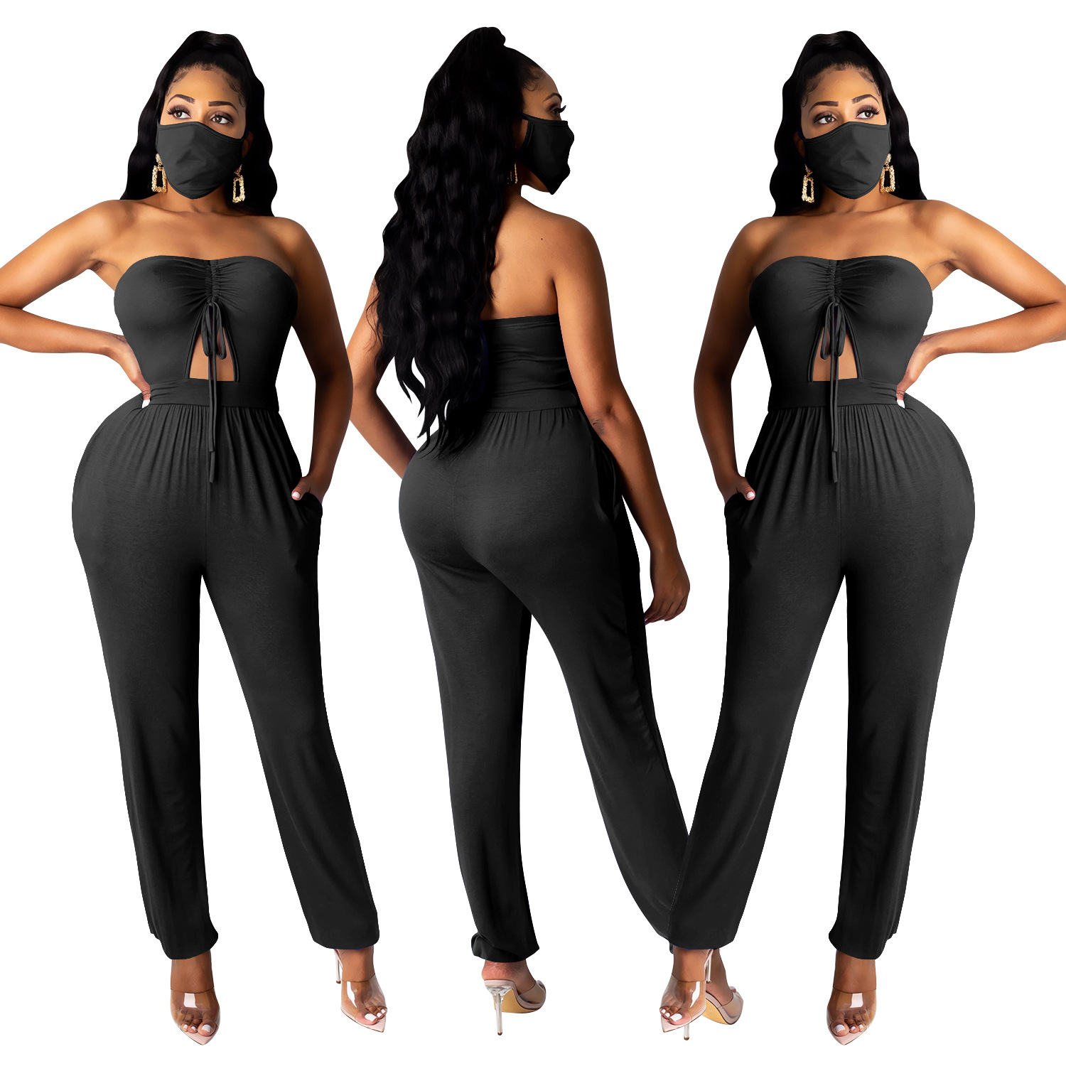 Sexy Sleeveless Tube Top Tight Drawstring Jumpsuit (Including Mask) NSXYZ100490