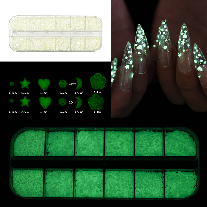 Finger princess manicure sequinilla decorativa de uñas de luz nocturna caja larga conjunto de manicure de forma nocturna sequinilla